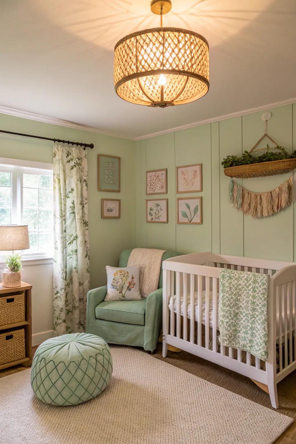 Elegant lighting enhances the style and function of a verdant mist nursery.