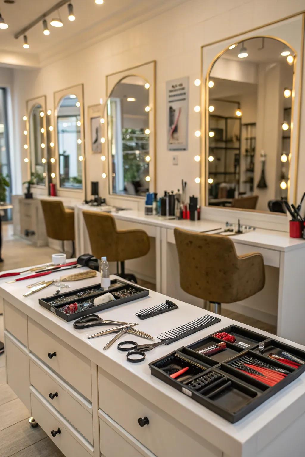 Functional workspaces boosting stylist efficiency.