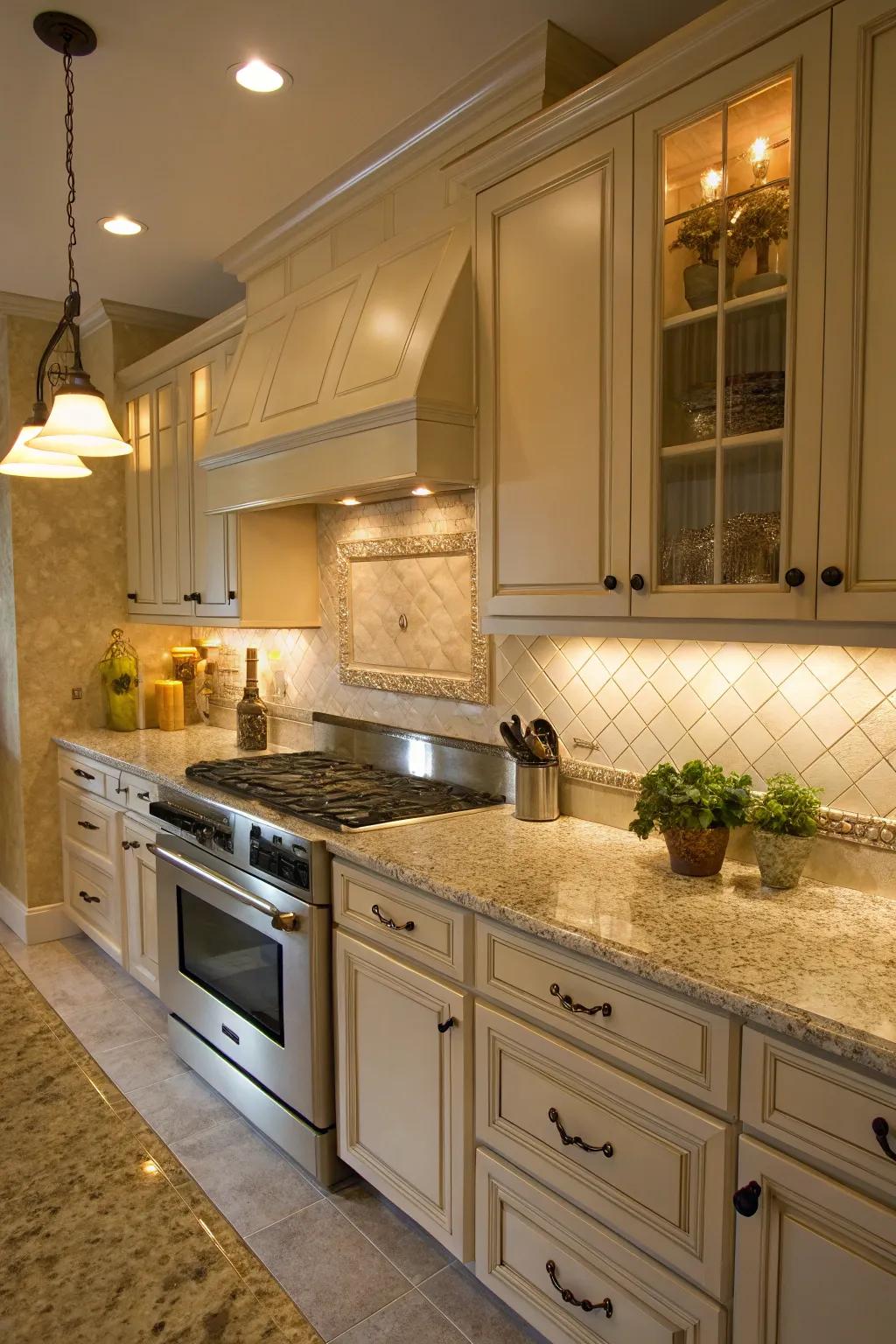 Gentle cream tiles harmonize beautifully with the warmth of Golden Cascade granite.