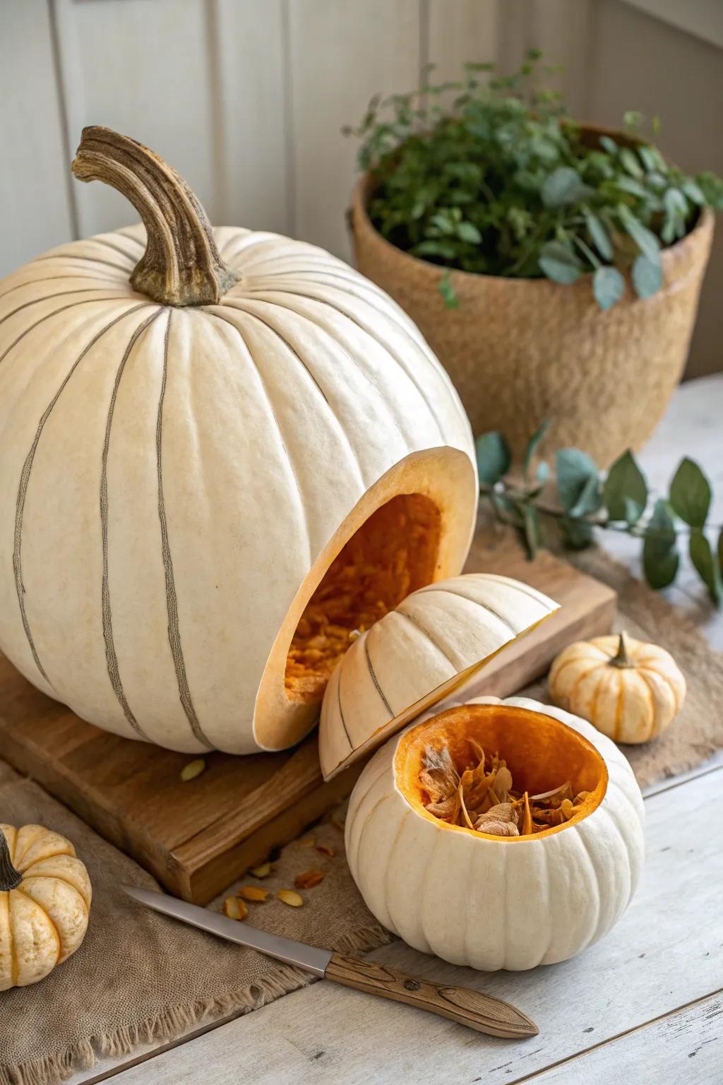 Discover the hidden charm: A pumpkin within a pumpkin, where craftsmanship meets natural beauty.