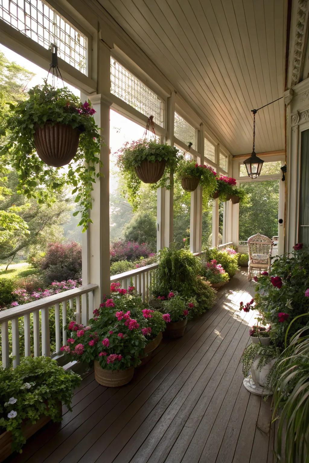 A floral-filled porch carries nature's elegance to your doorstep.