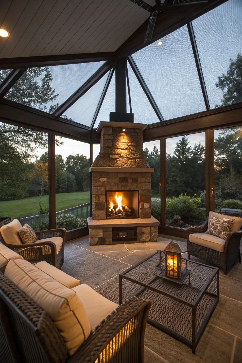 A charming fireplace in a lanai setting.