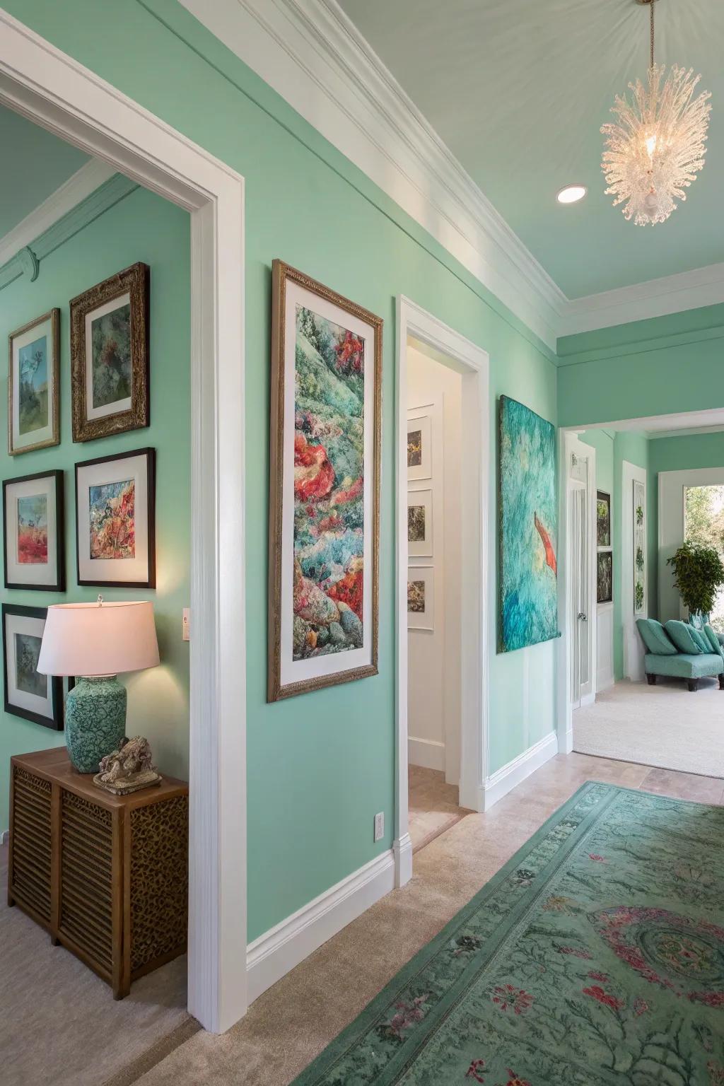 An artistically imbued living space showcasing seafoam green walls and vibrant art pieces.