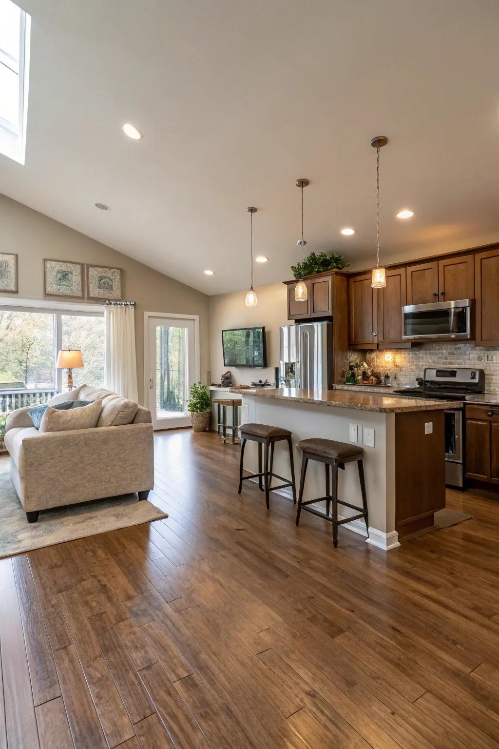 The consistent flooring ensures a smooth transition between spaces.