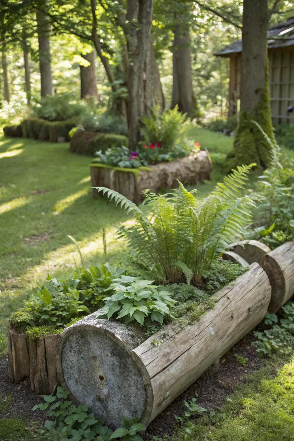 A shady garden featuring tree-trunk containers brimming with ferns and woodland botanicals.