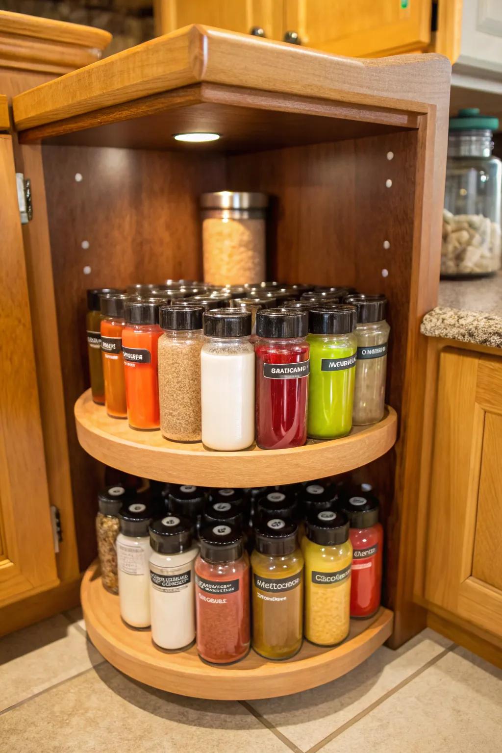 A Lazy Susan provides easy access to mixing containers in corner cabinets.