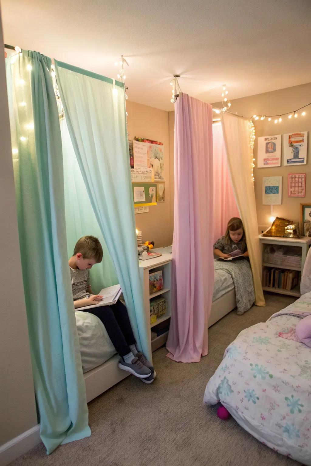 Fabrics offer a flexible way to create personal space within a shared room.