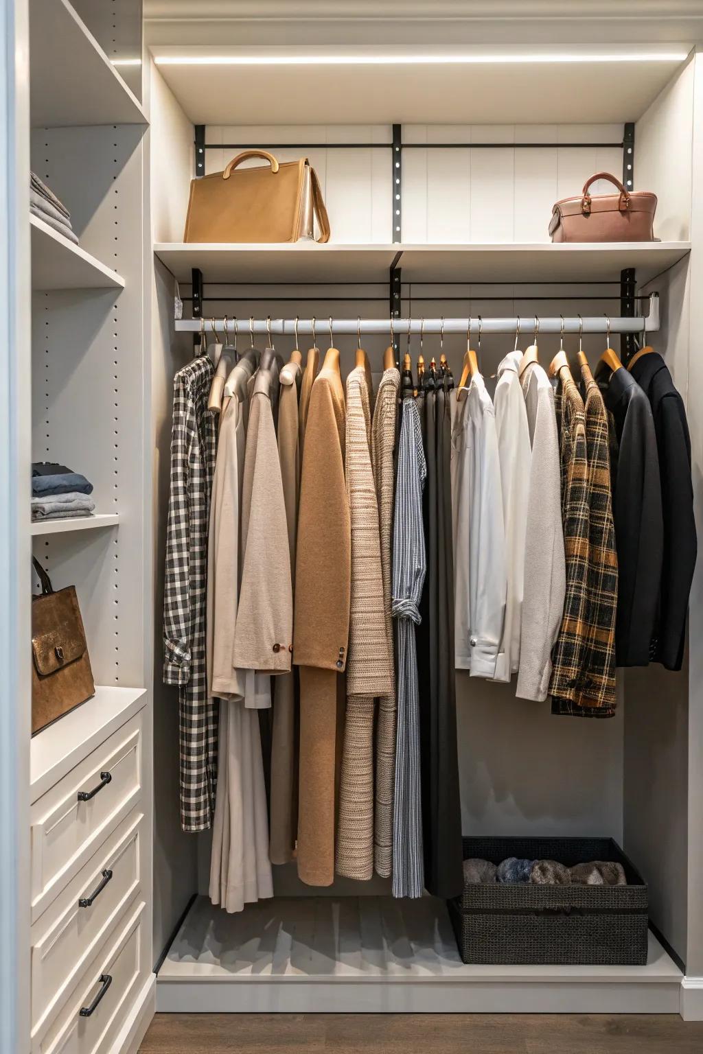 A wardrobe featuring separate hanging areas for different clothing styles.
