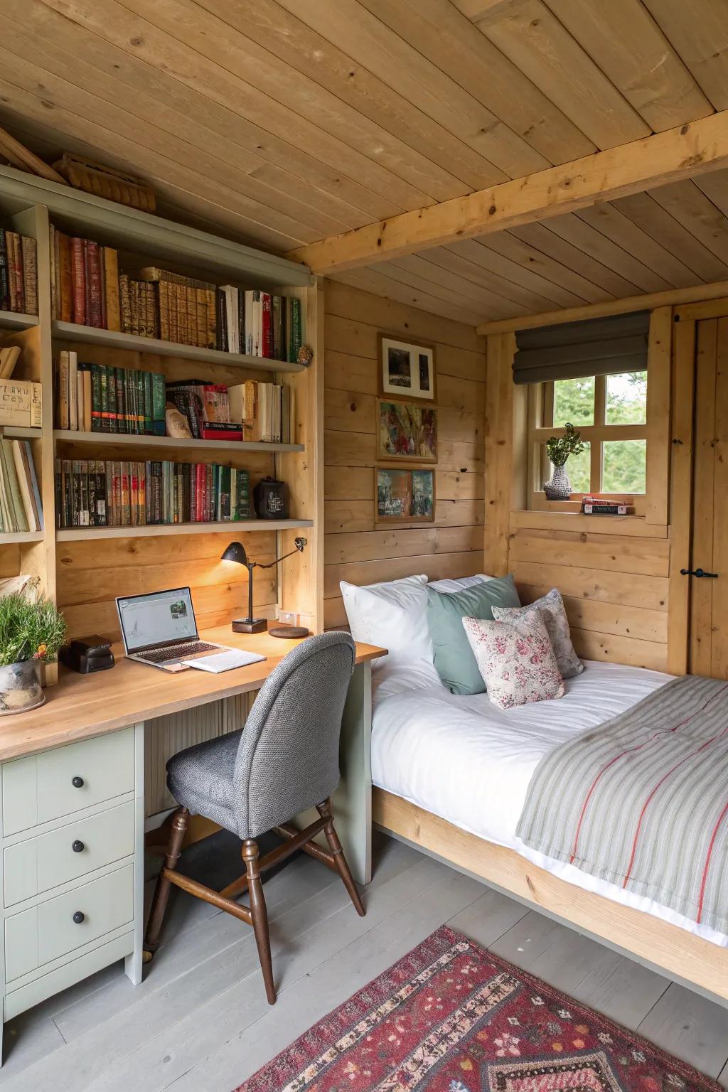A multiuse shed combines a sleeping area with a practical workspace.