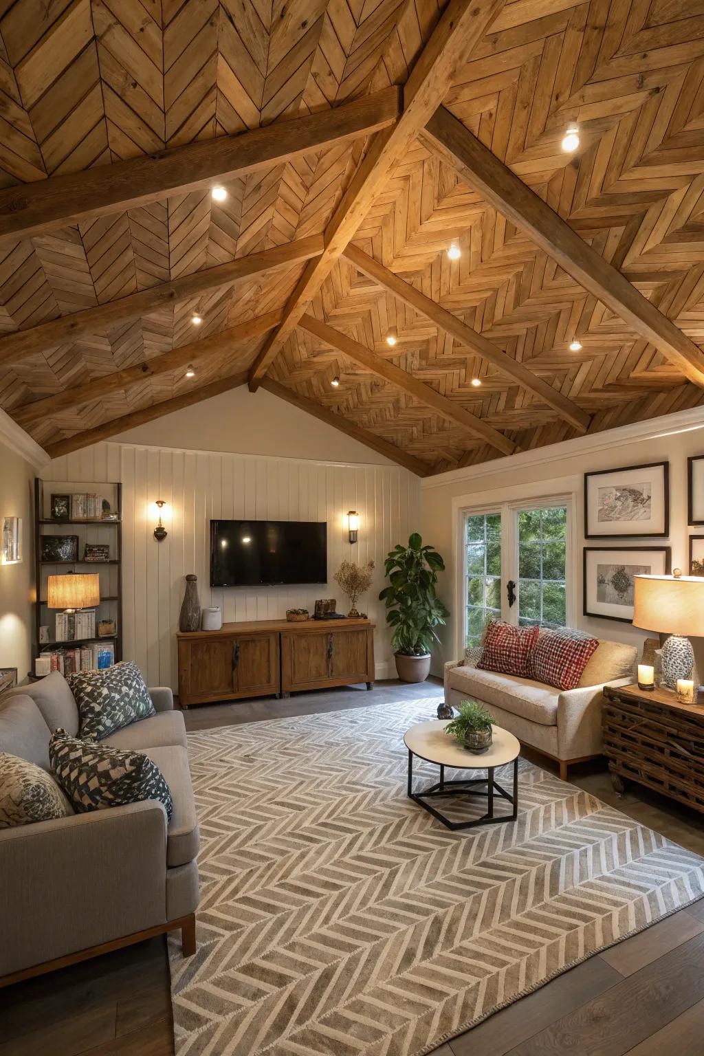 A herringbone patterned shed ceiling crafting a visual spectacle.