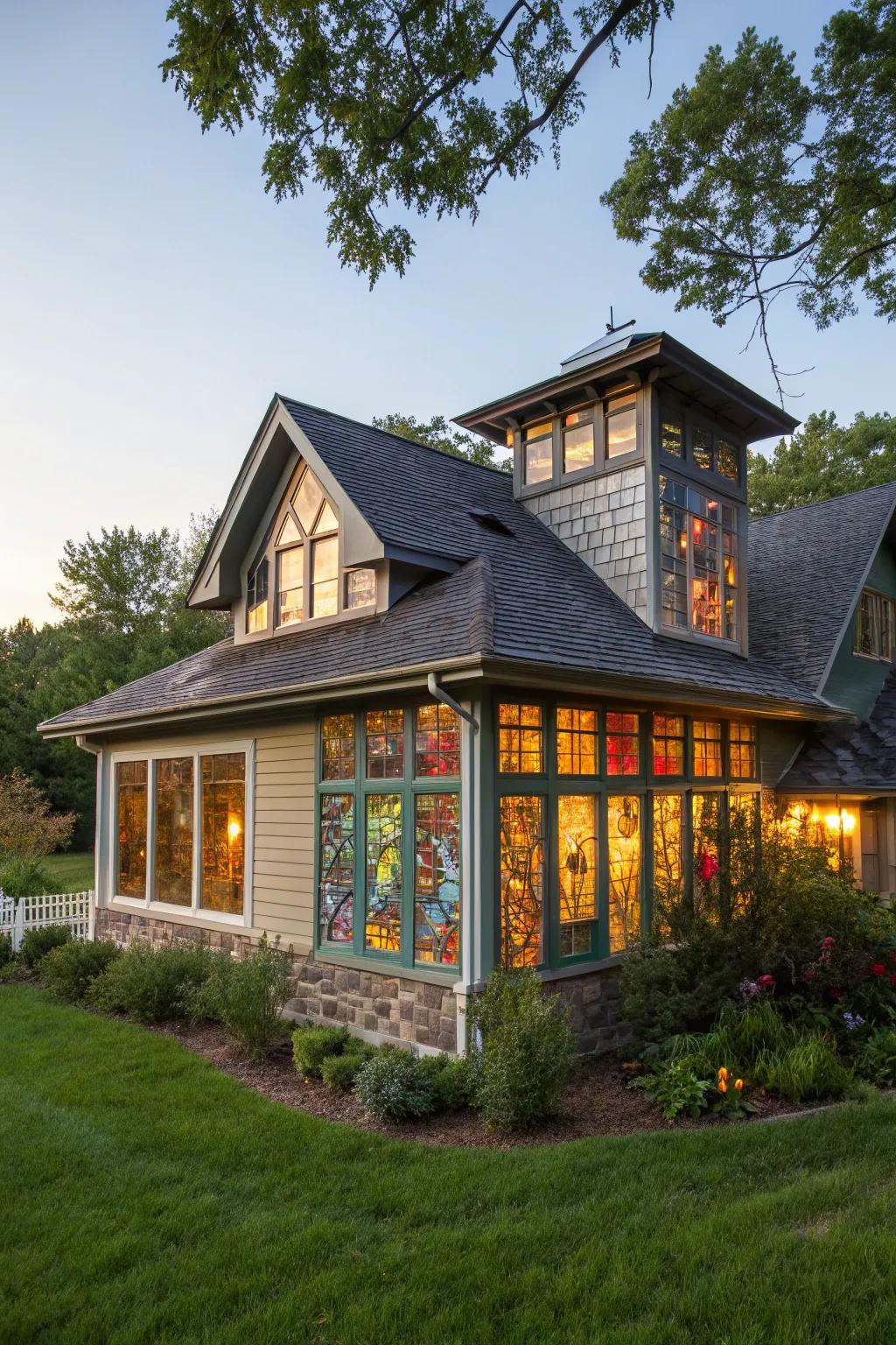 House featuring a shed dormer adorned with stained glass.