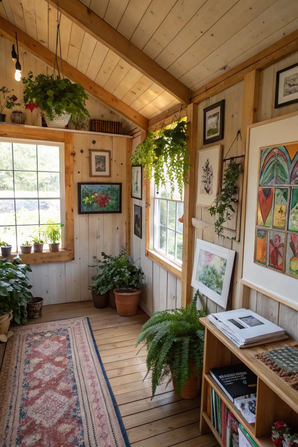 A garden shed home decorated with art pieces and houseplants for a personal touch.