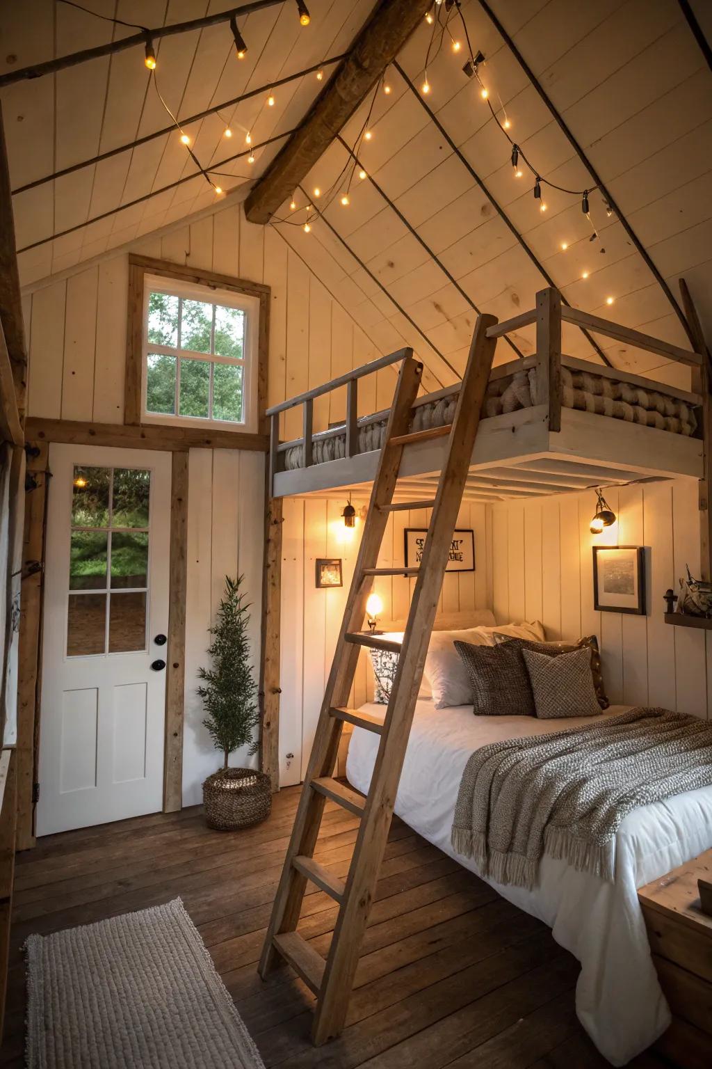 An elevated bedroom makes efficient use of the vertical dimension in a shed residence.