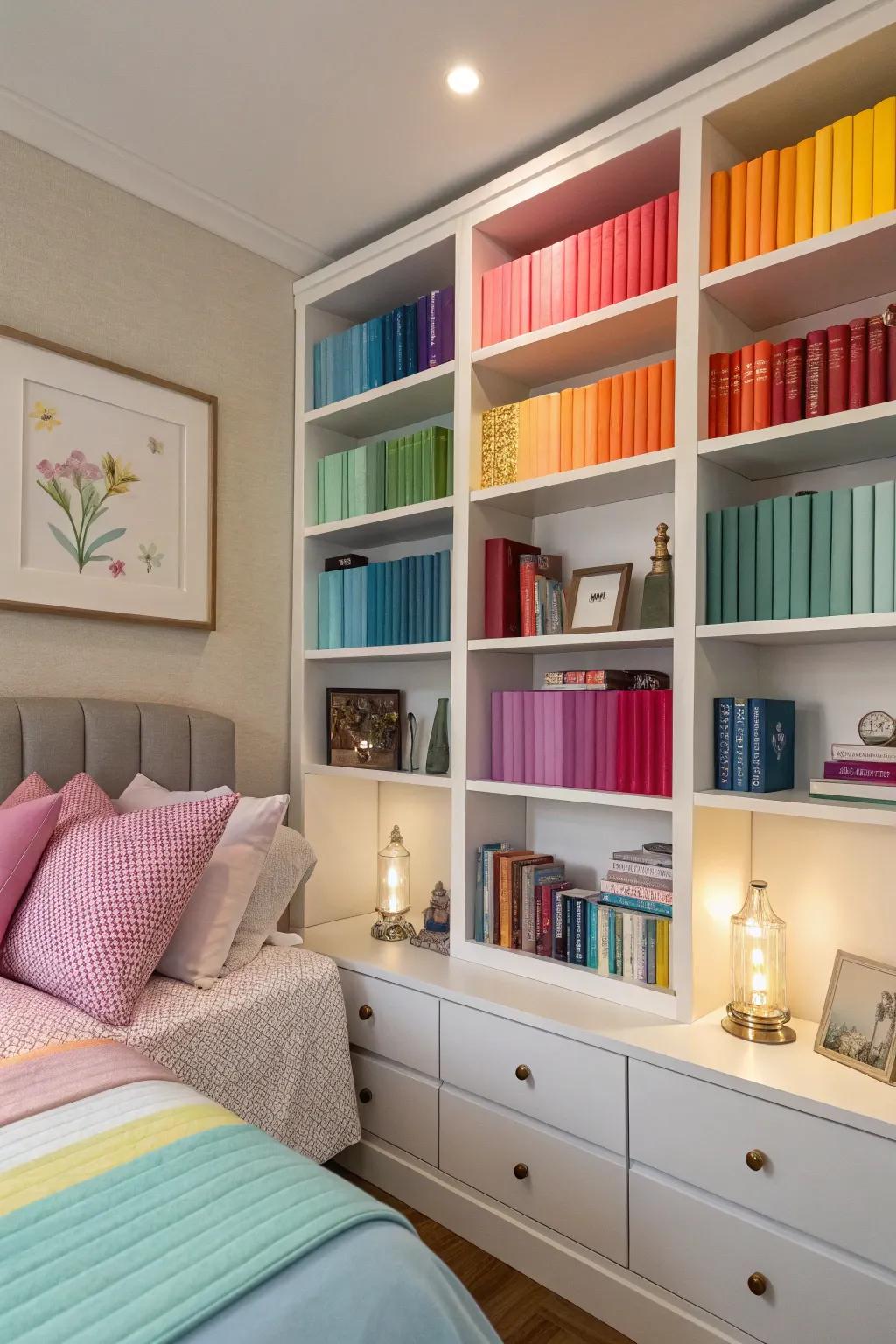 Shelves with matching colors create a harmonious appearance.