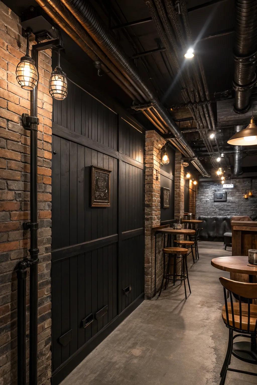 An industrial chic basement featuring dark grooveboard walls.