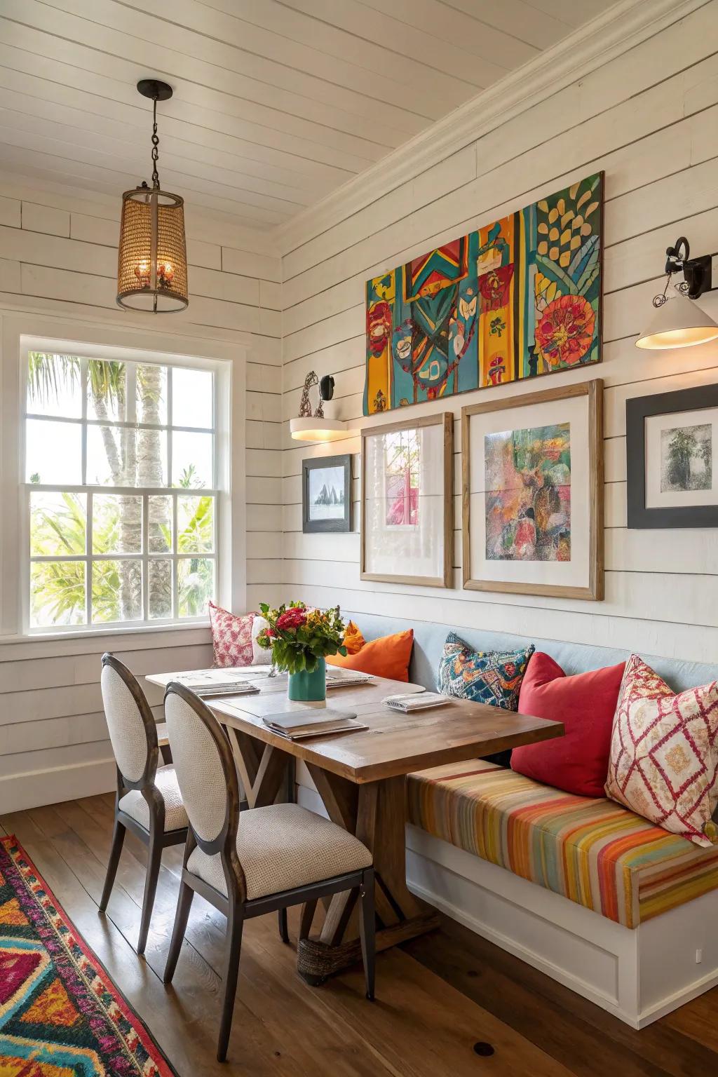 A dining space showcasing splashes of color and shiplap walls.