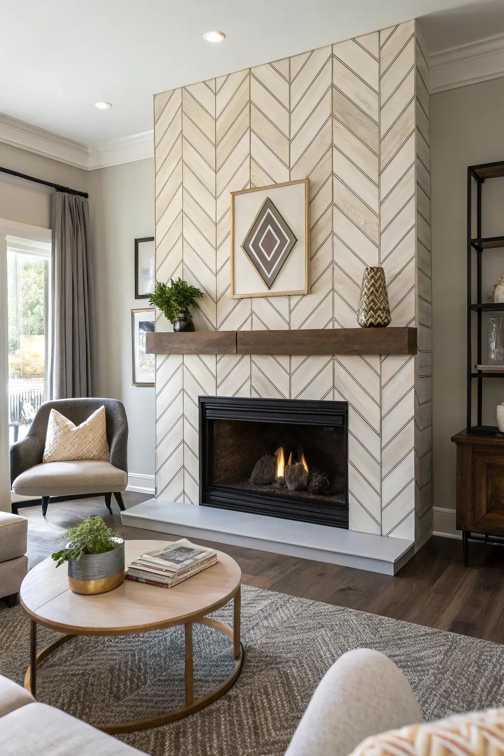 Chevron-patterned shiplap brings style and dynamism to the fireplace.