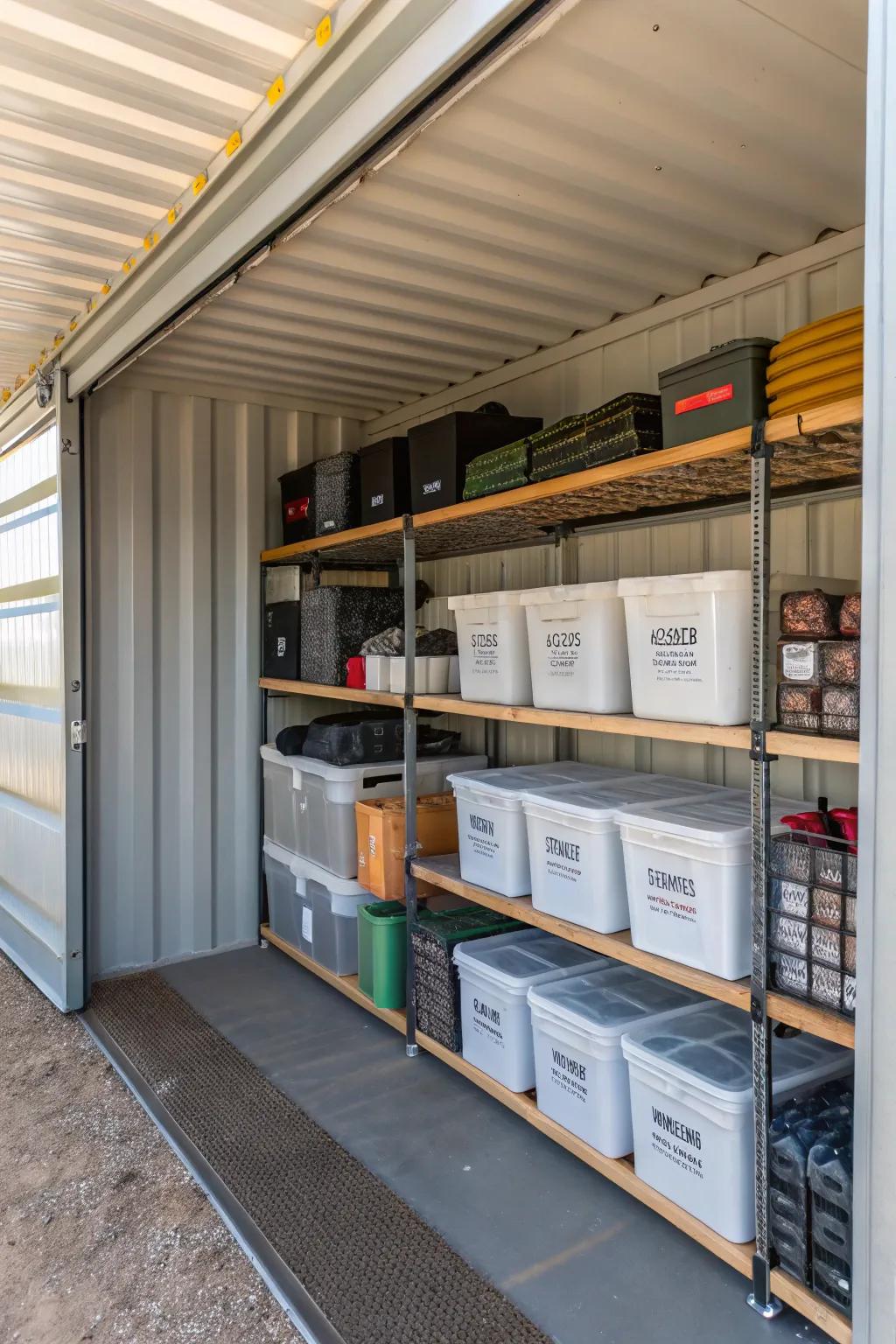 Efficient storage solutions inside a shipping container barn.