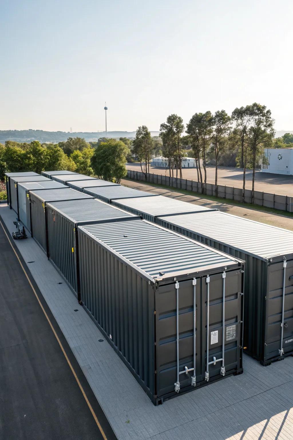 A unified roof design connects multiple containers.