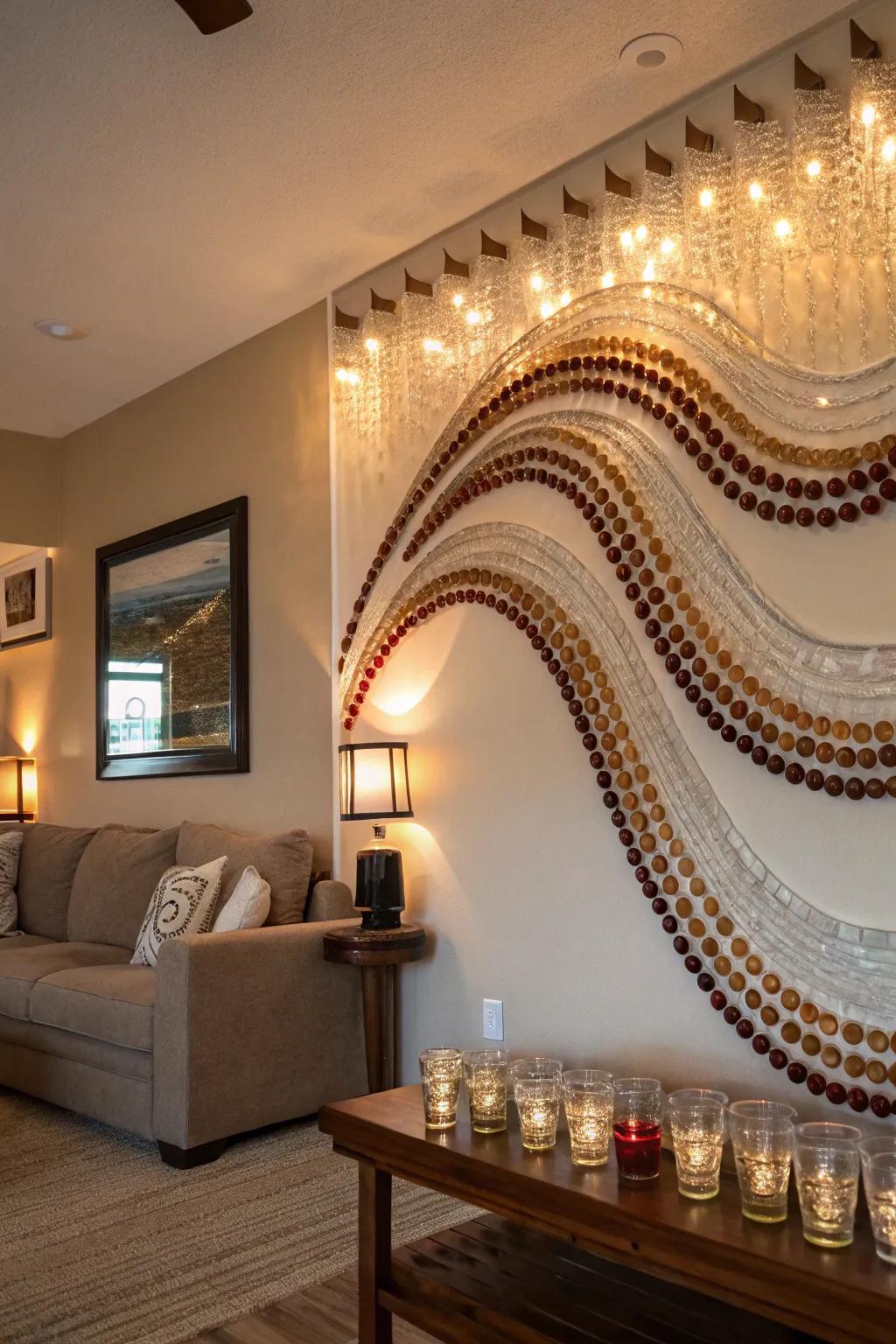 A creative undulation pattern of shot glasses displayed on a lounge wall.