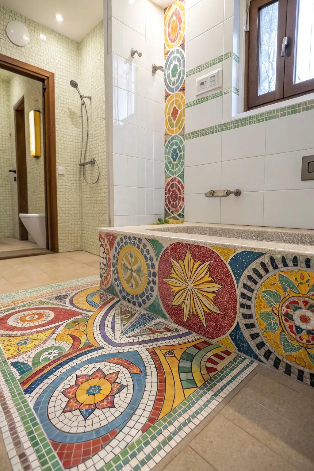 Mosaic compositions impart a singular and artistic dimension to shower curbs.