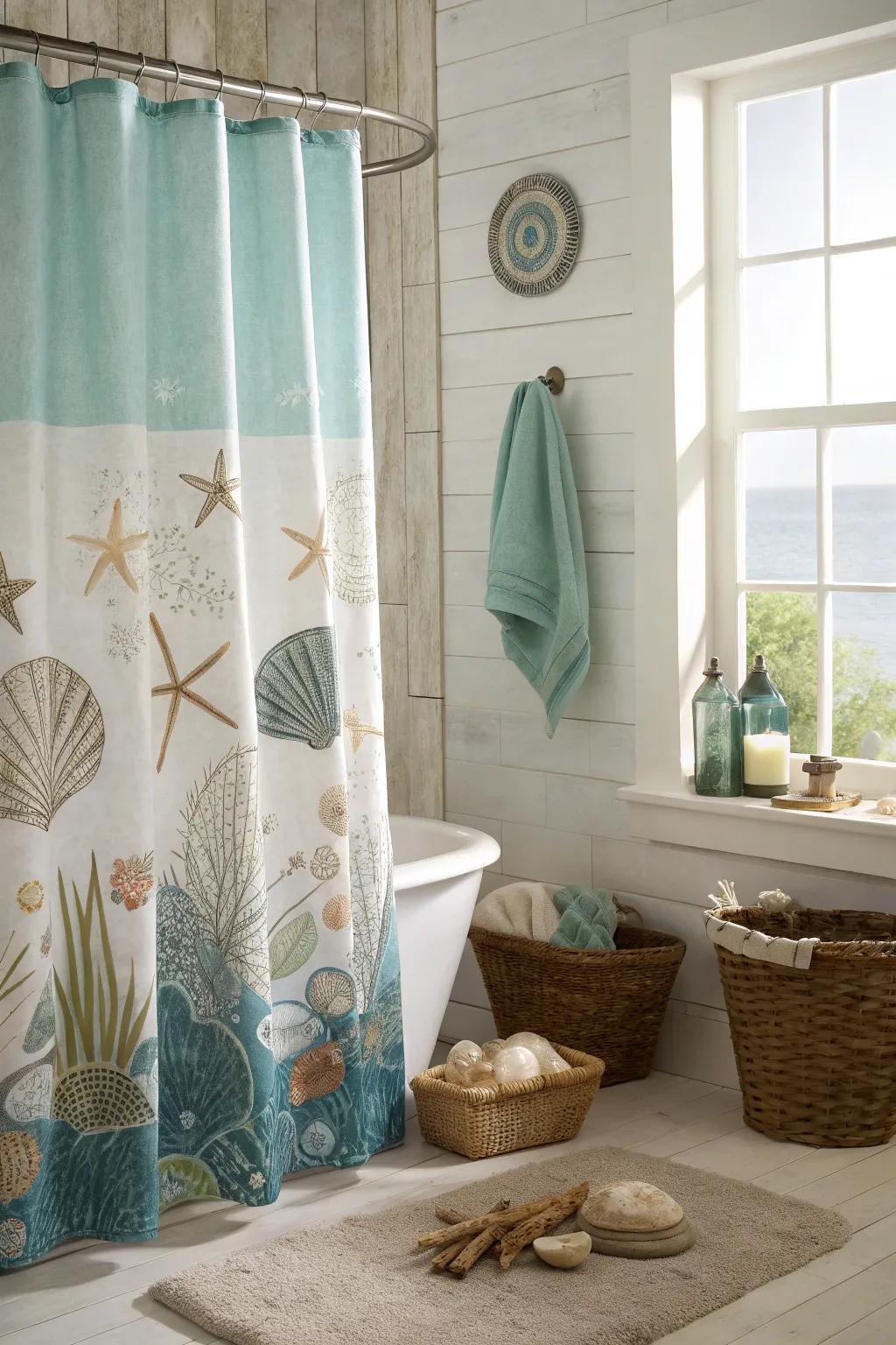 Coastal patterns cultivate a soothing, ocean-inspired environment.