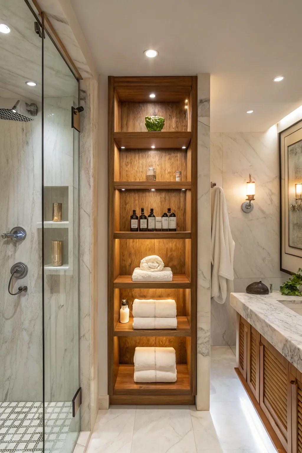 Teak shelves create a spa-like ambiance in your shower.