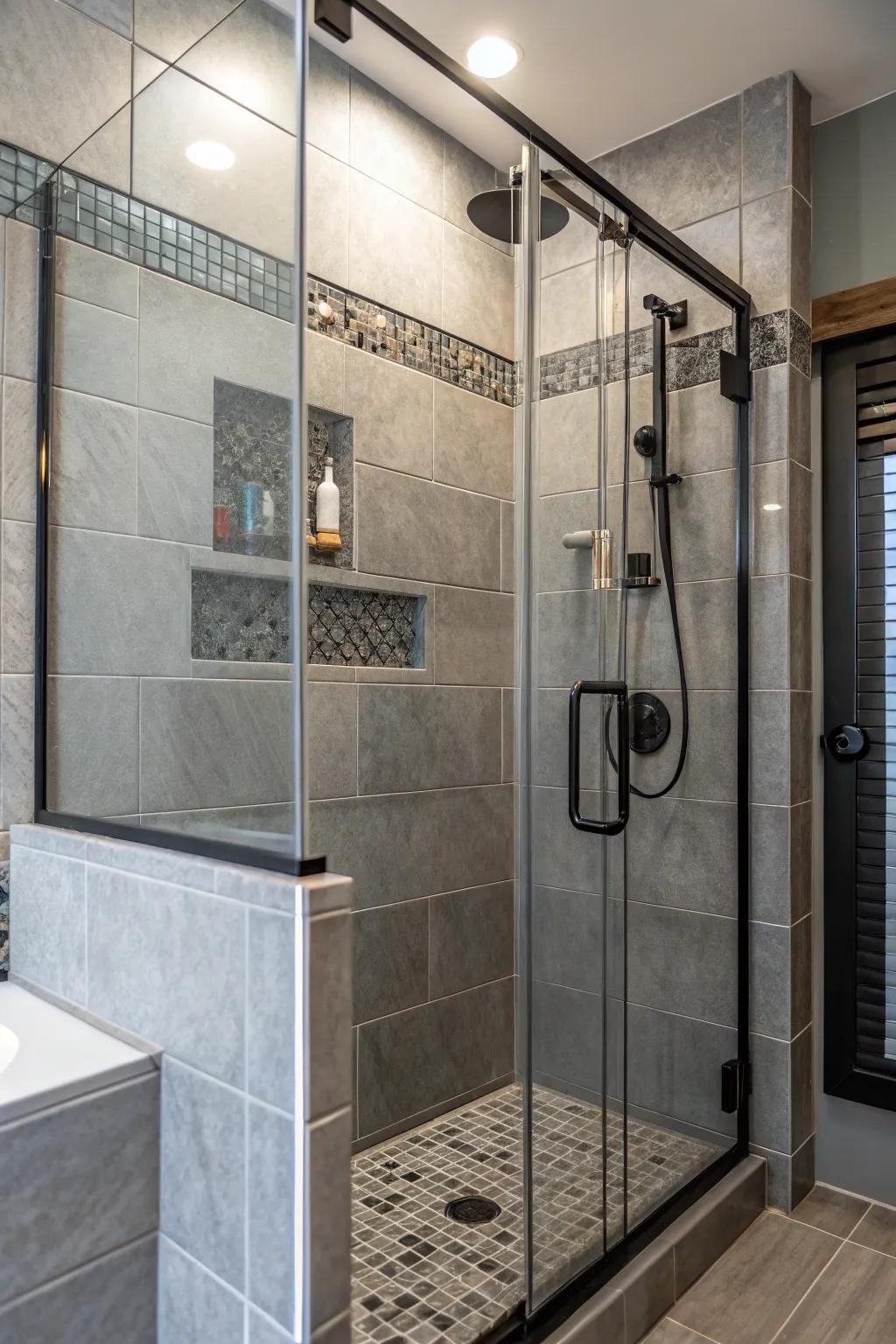 Combining feels for a dynamic grey-tiled shower.