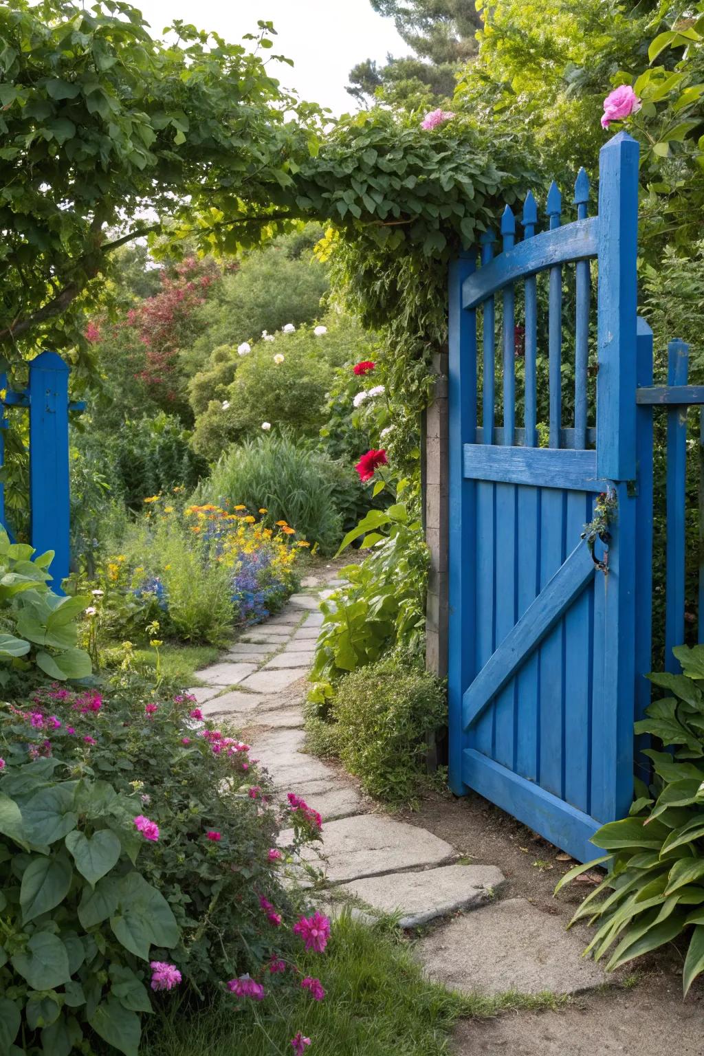 A vividly colored door that adds a playful accent to the garden.