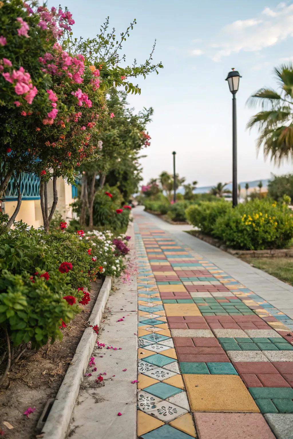 Vibrant tiles contribute a cheerful touch to walkways.
