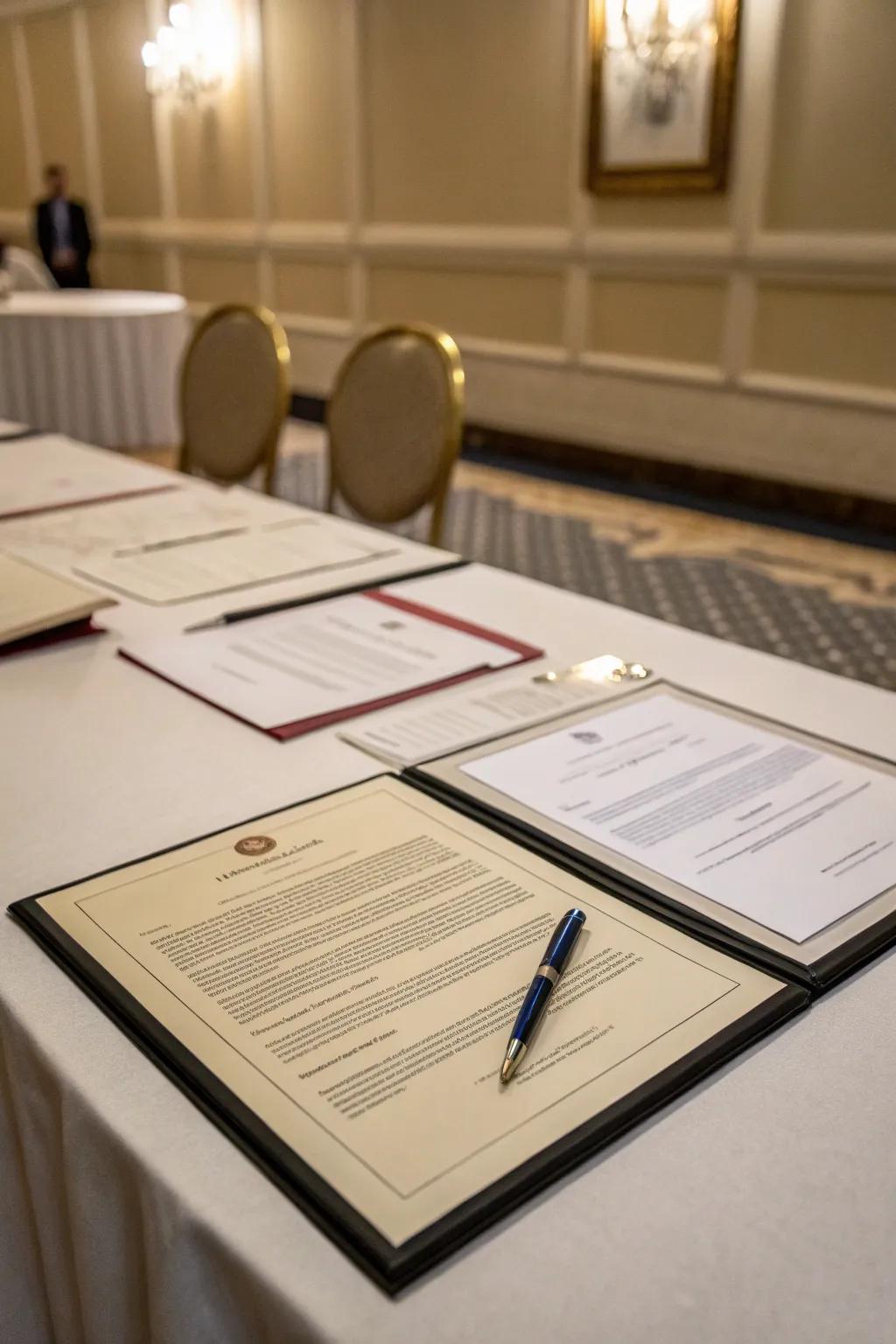 The central display of signing papers signifies commitment and achievement.