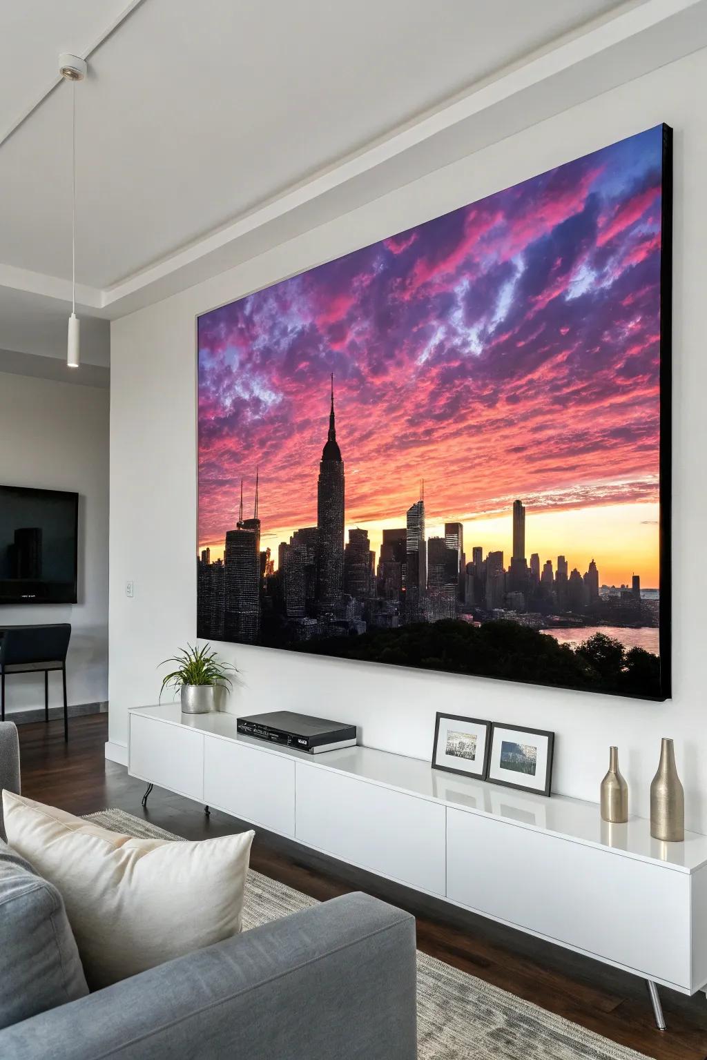 A city skyline silhouette on canvas adds boldness to the living room.