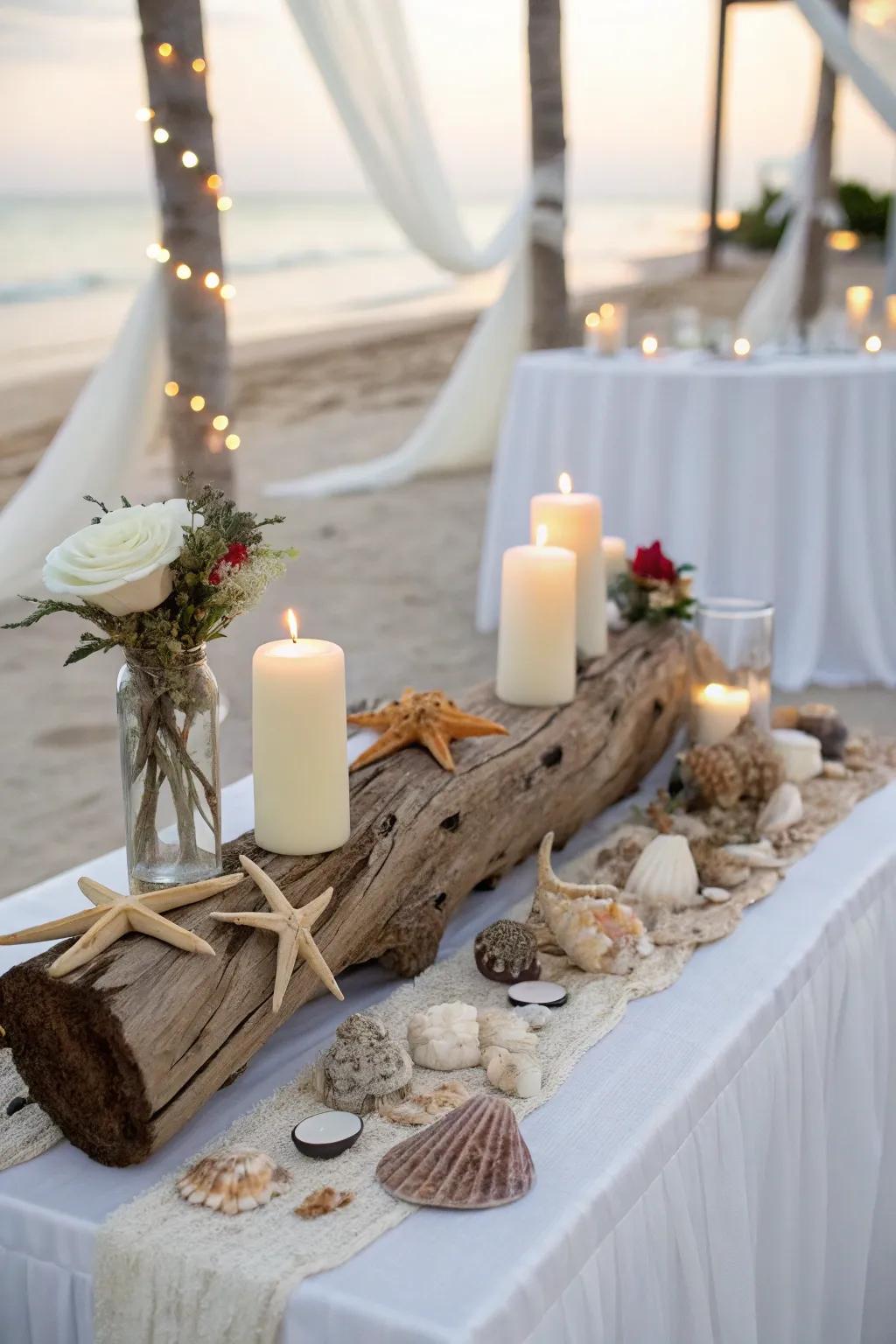 The bride and groom are seated at a table with coastal-inspired accents like driftwood and seashells.