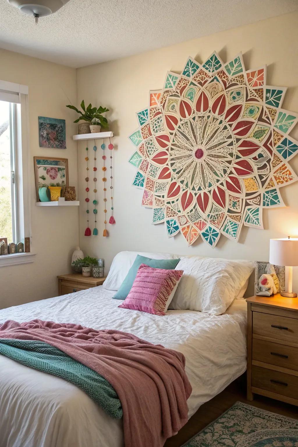 Handmade fractal wall decor adds a personal and artistic flair to a bedroom.