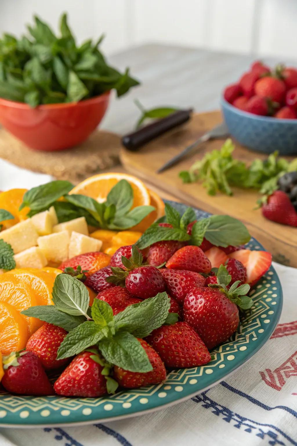 Leafy accents add a fresh touch to your fruit table.