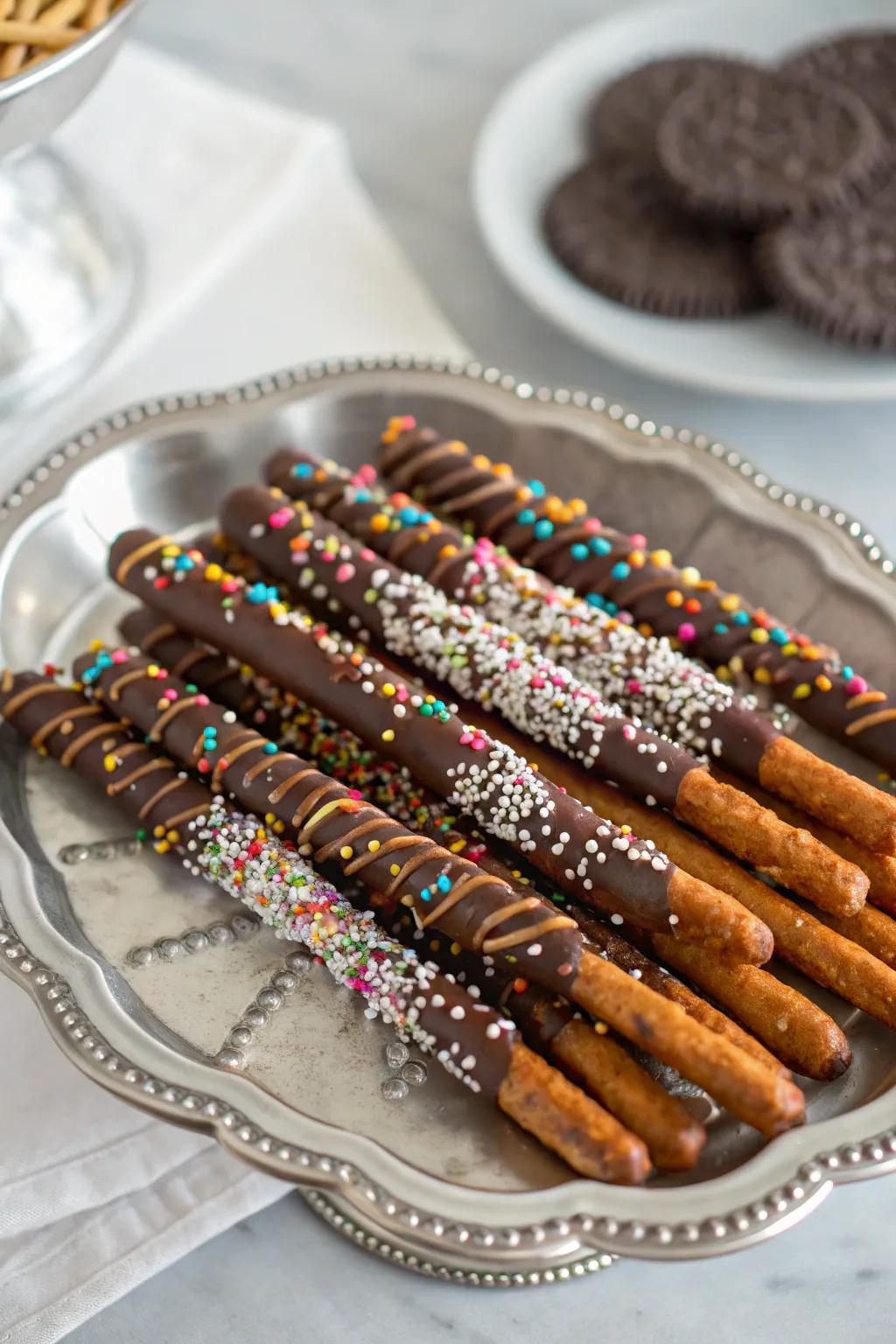 Sweet and savory cocoa-enrobed pretzel rods, a delightful treat.