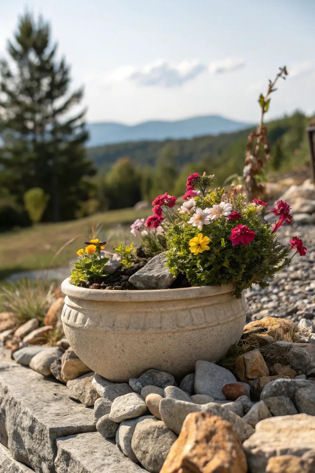 Rock containers enrich garden displays with charm and uniqueness.