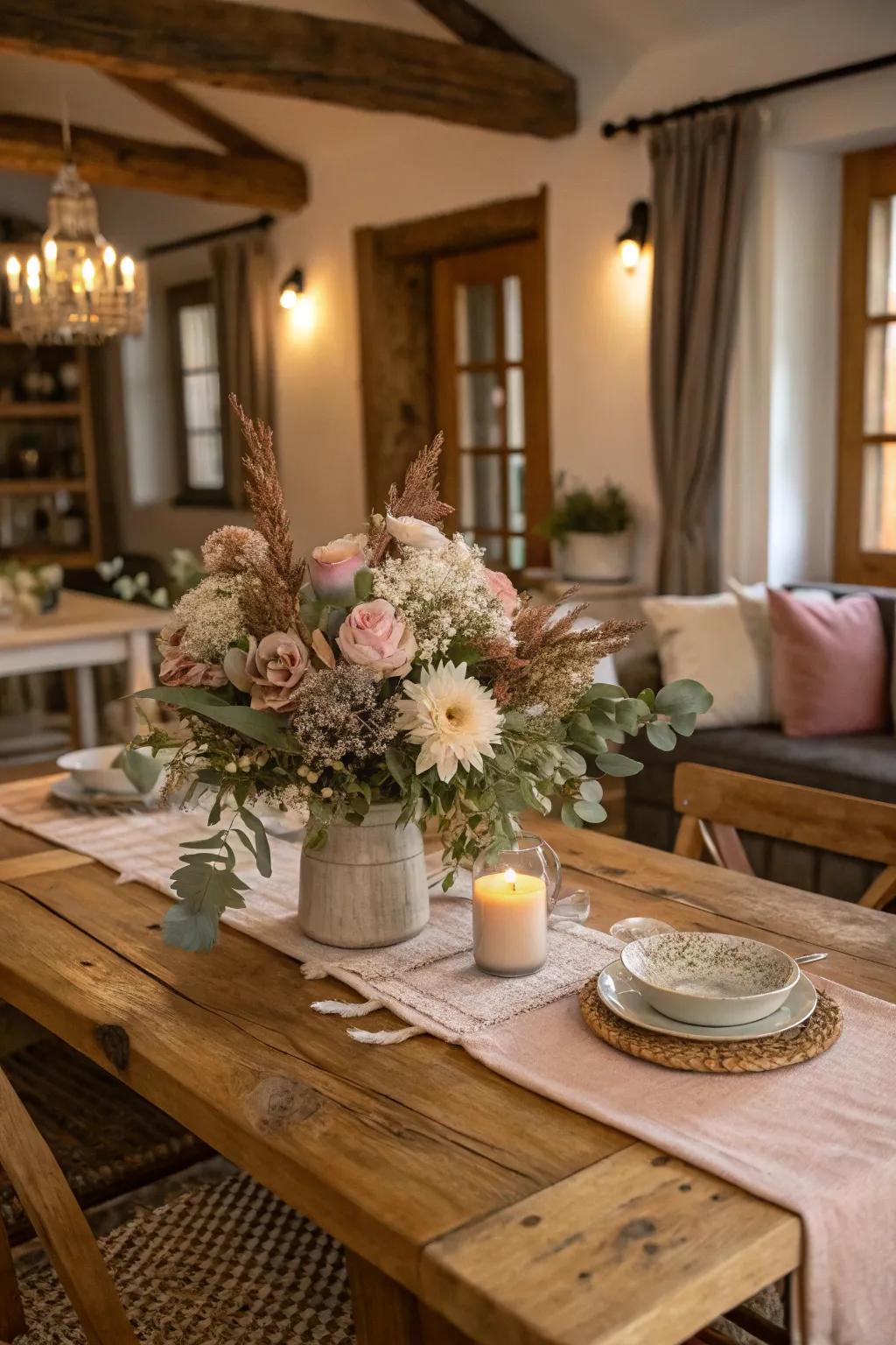 Subdued seasonal florals adding color to a rustic table.