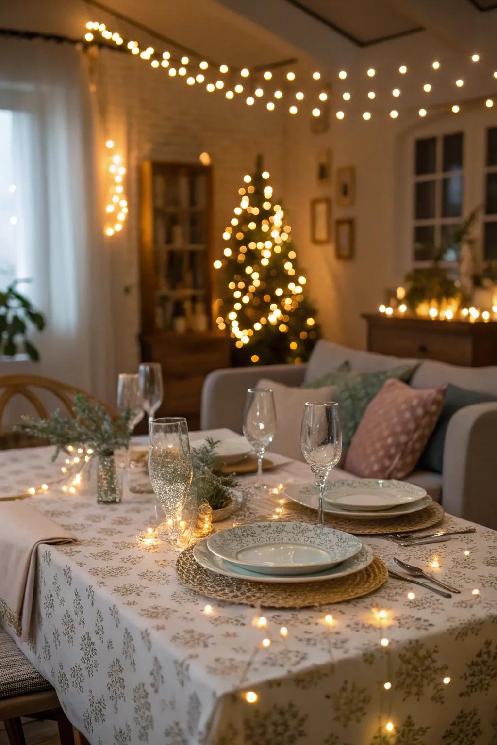 Twinkle lights give the table a magical glow.