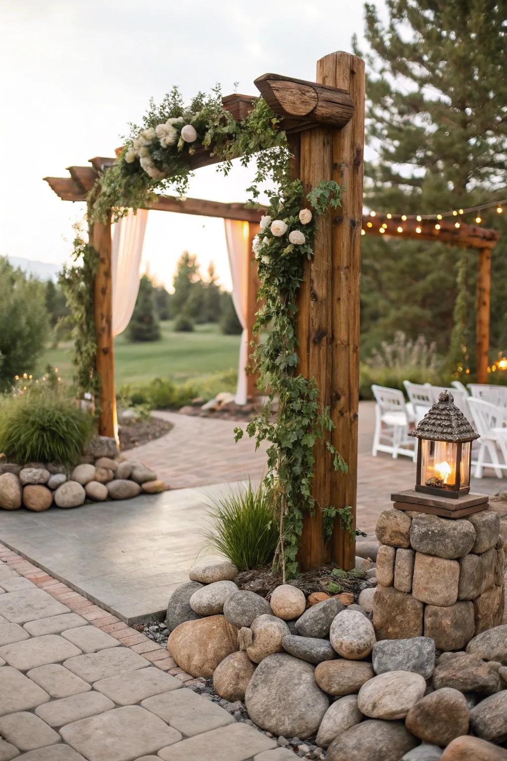 Organic accents like stones and timber add texture and depth to wedding decor.