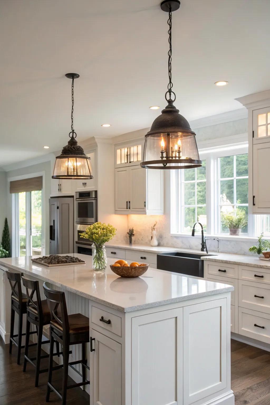 Suspended lighting that adds character to a white kitchen.