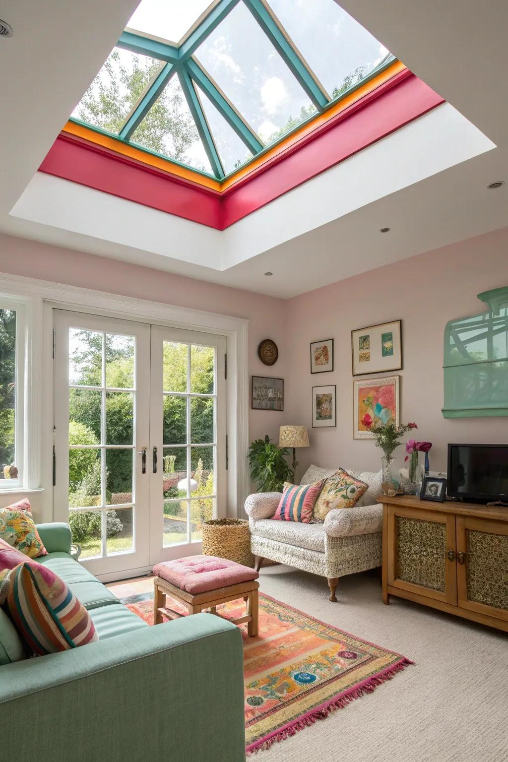 A living space using a skylight featuring boldly colored trim.
