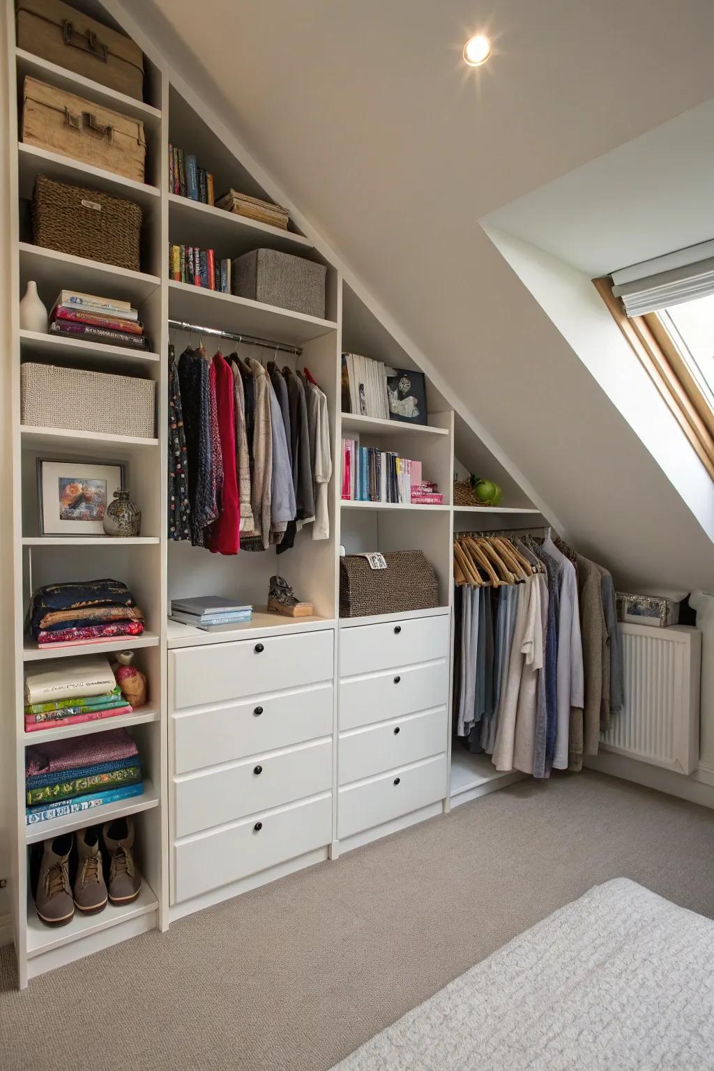 A blend of storage styles provides versatile organization beneath sloping ceilings.
