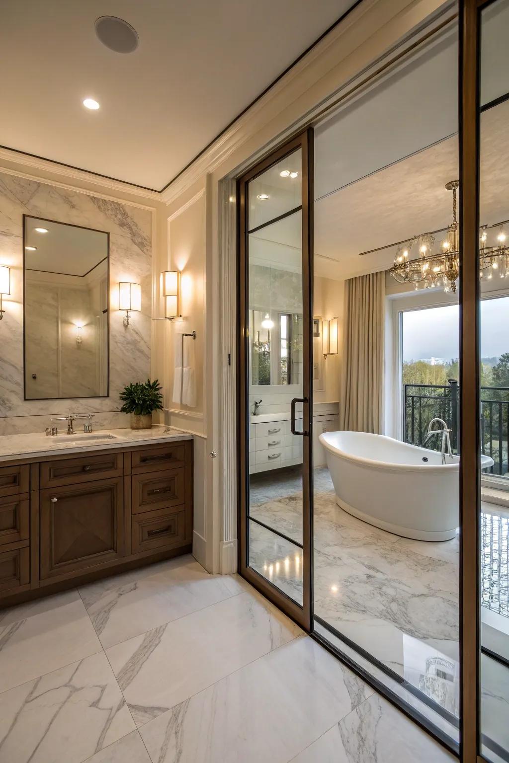 Elegant glass panel sliding doors lend this bathroom a luxurious touch.