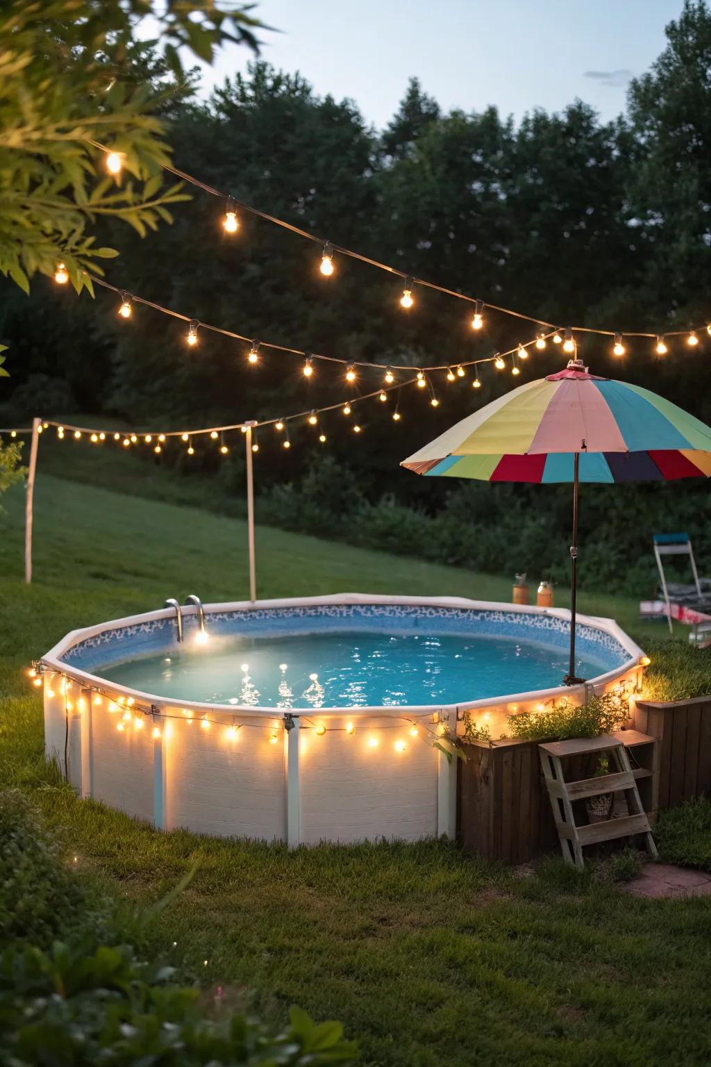 A lively above-ground pool space showcasing decorative features.