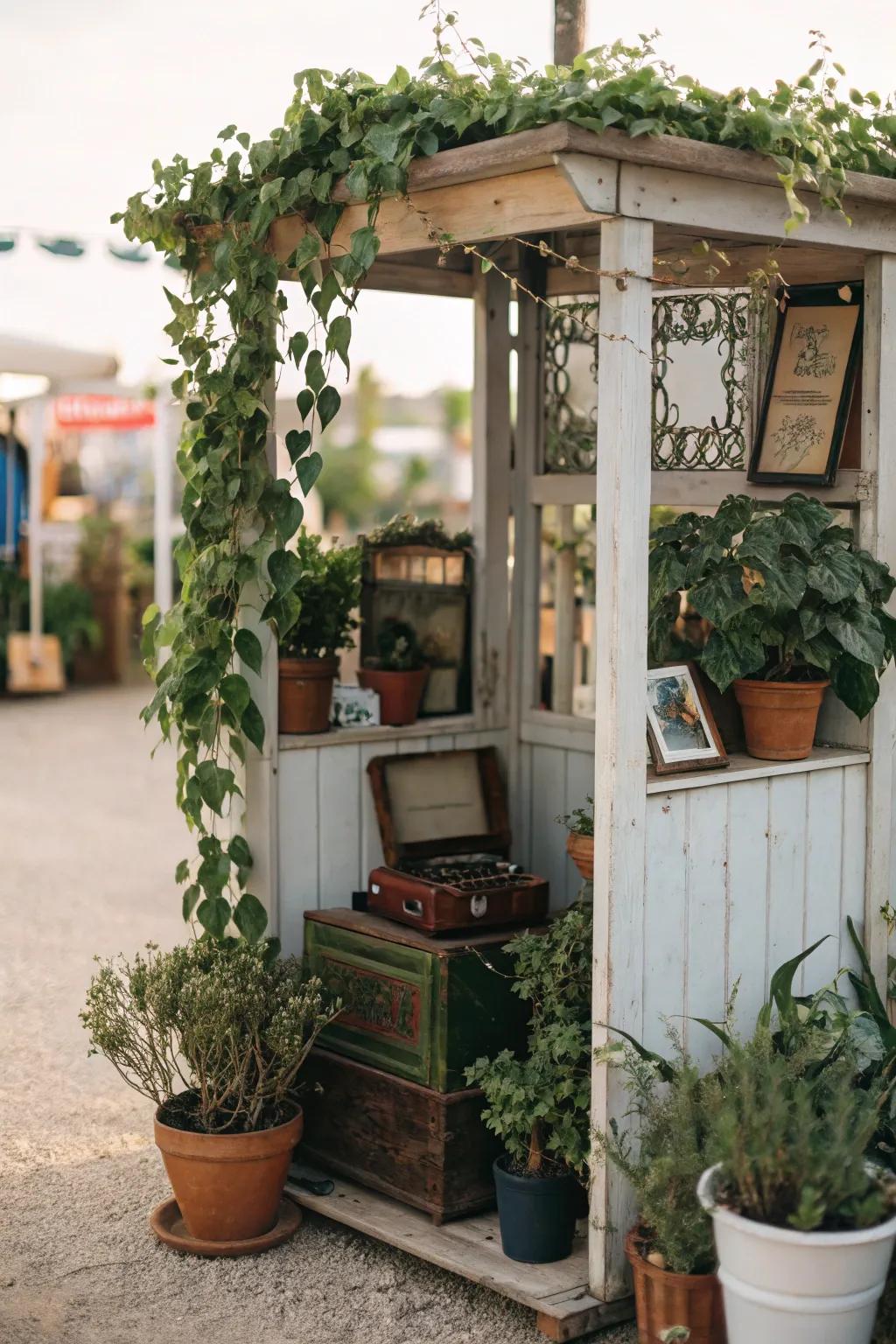 Foliage adding freshness to a small antique exhibit