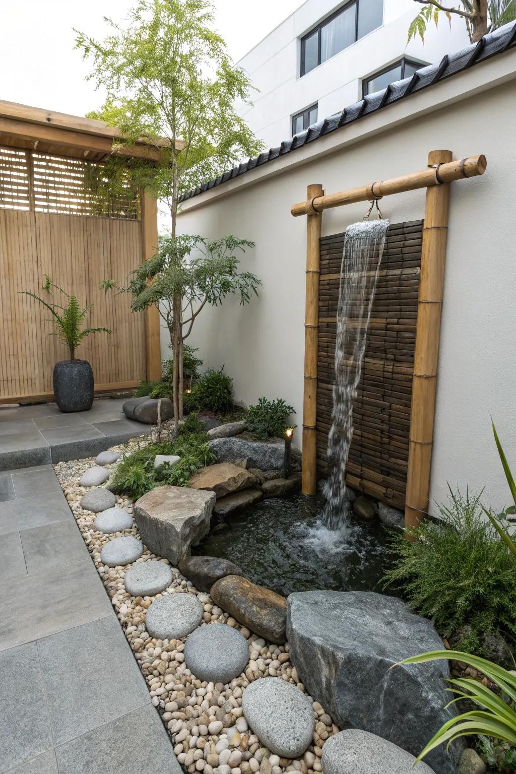 A Tranquility garden waterfall fashions a serene and reflective backyard.