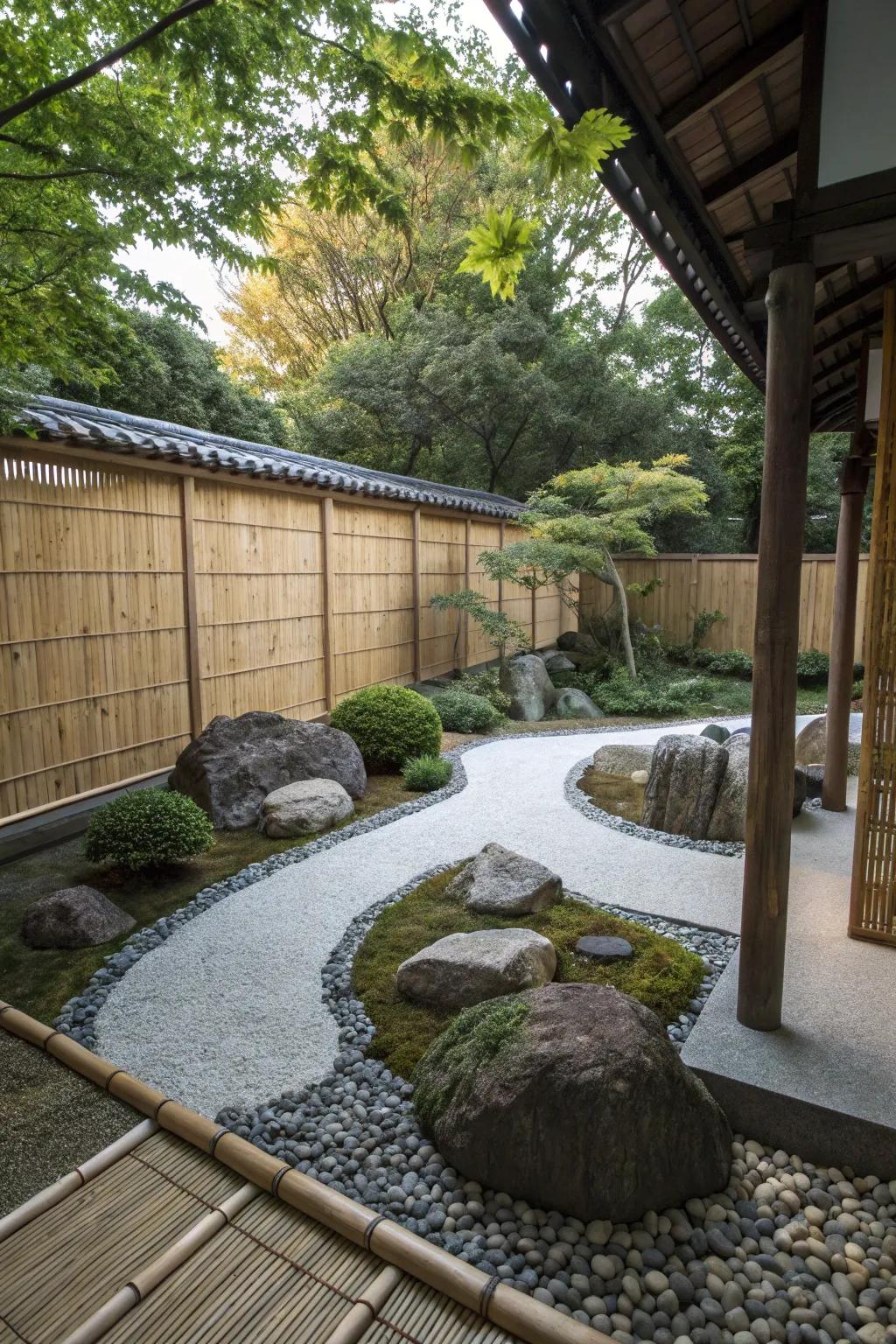 A zen garden with stalk screens providing seclusion and a organic enclosure.