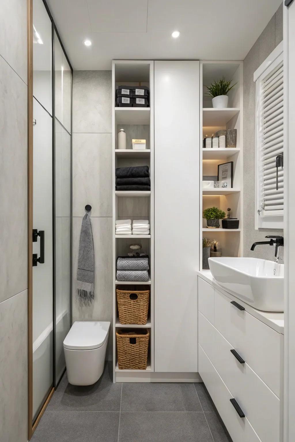 Vertical storage keeps the floor area clear and maximizes space.