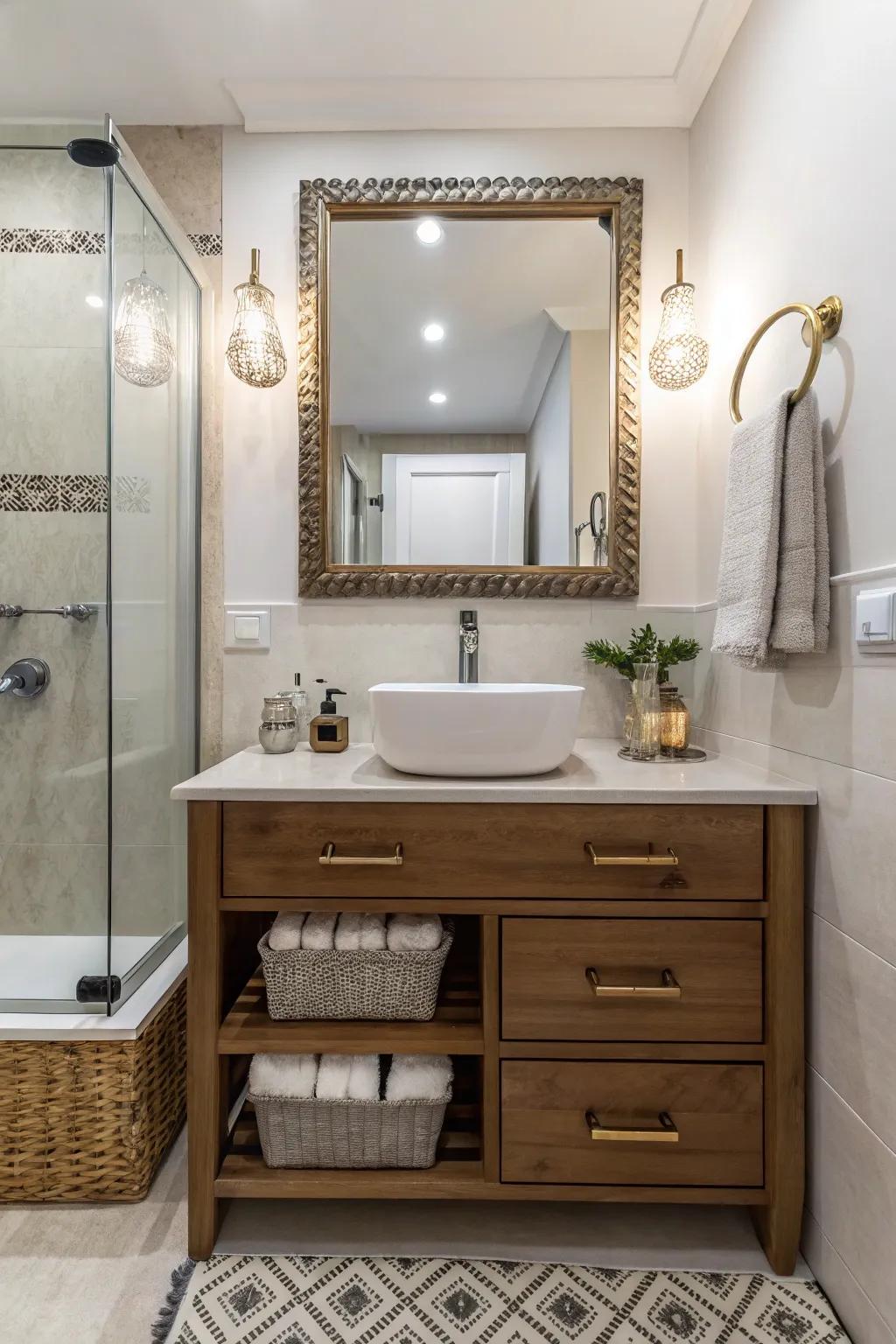 Distinct fixtures that infuse character and elegance into a small restroom vanity.